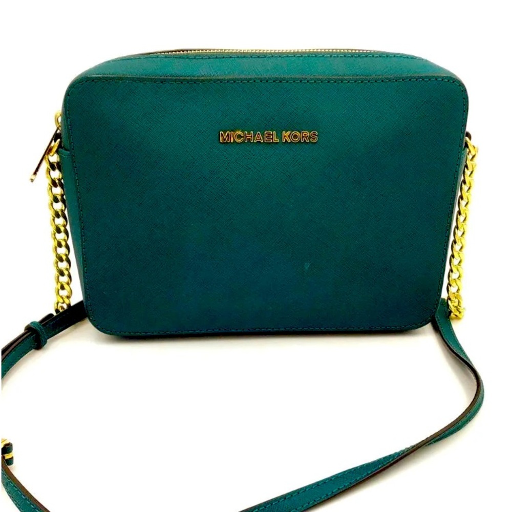 Michael Kors Jet Set Teal Green Saffriano Leather Chain Strap Crossbody Bag EUC